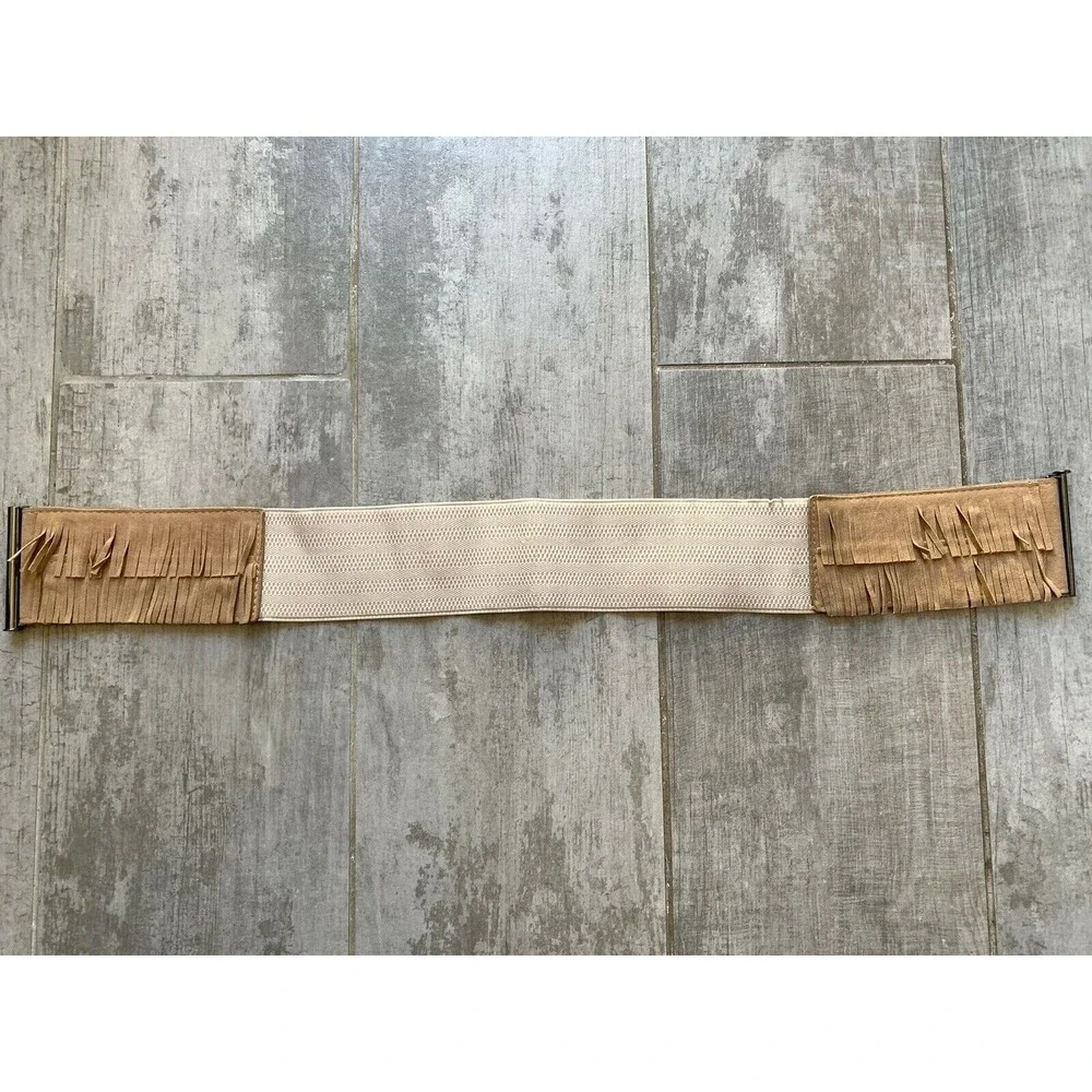 Stretch Elastic Waist Wide Belt Cummerbund Tan Faux Suede Fringe Boho M